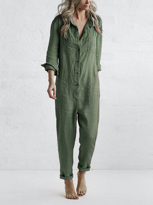 Women's cotton long-sleeve button-front jumpsuit