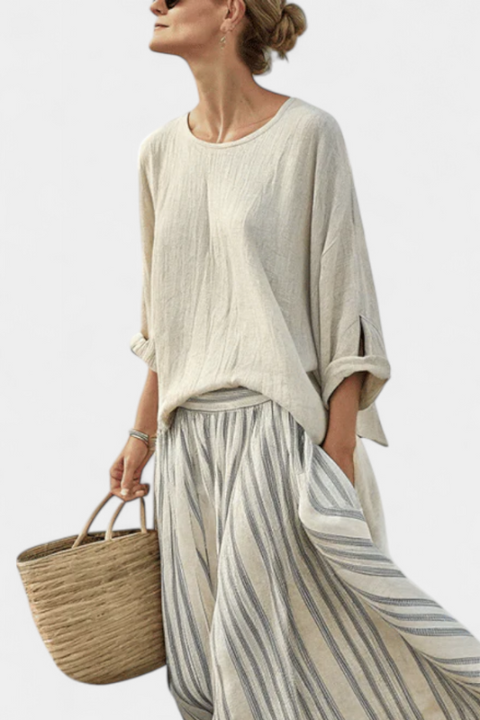 Linen Set | Loose Blouse & Striped Midi Skirt