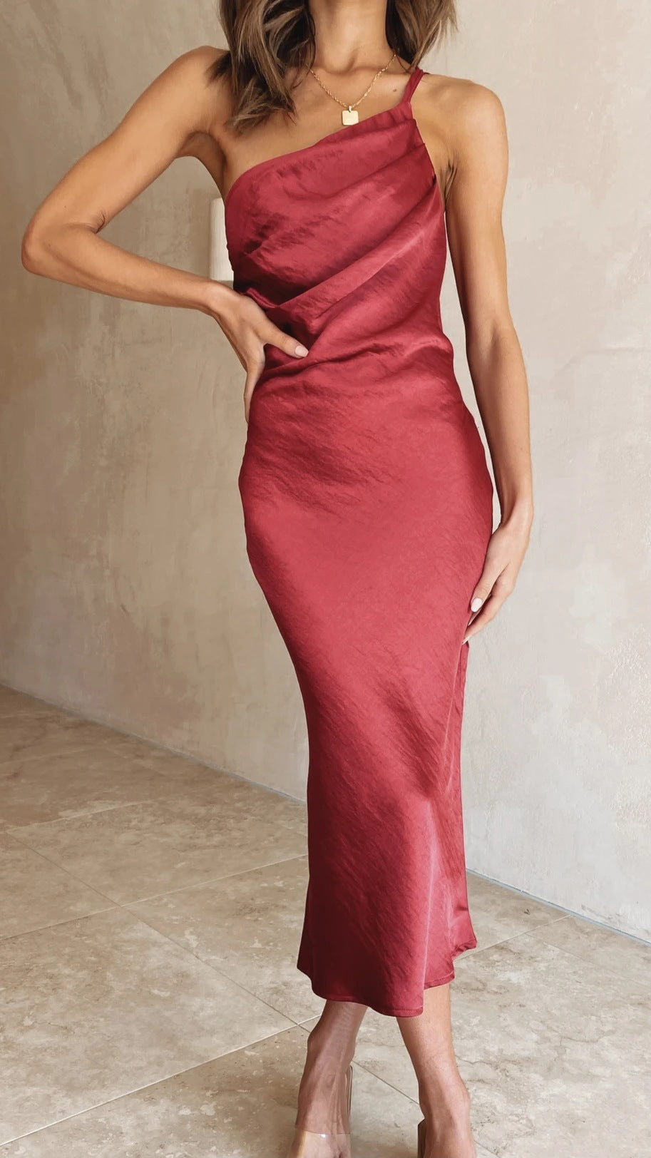 Women's Dress | One-Shoulder Draped Satin Midi Dress