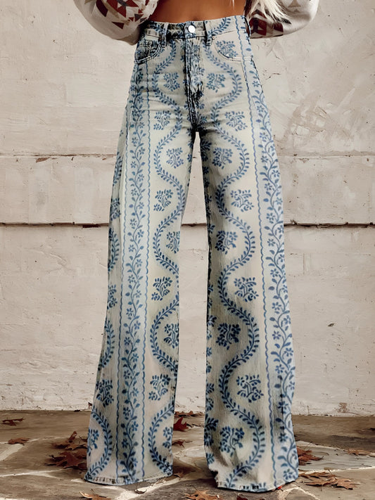 High Waist Wide Leg Jeans | Bold Floral Denim