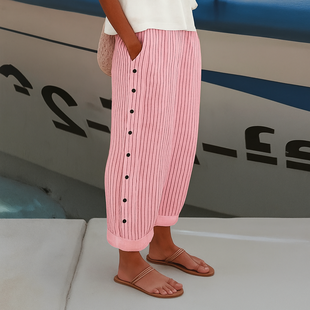 Striped Trousers | Cotton Button-Panel Summer Pants