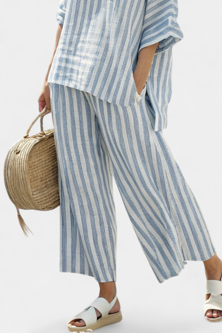 Linen Set | Blue Striped Top & Relaxed Trousers