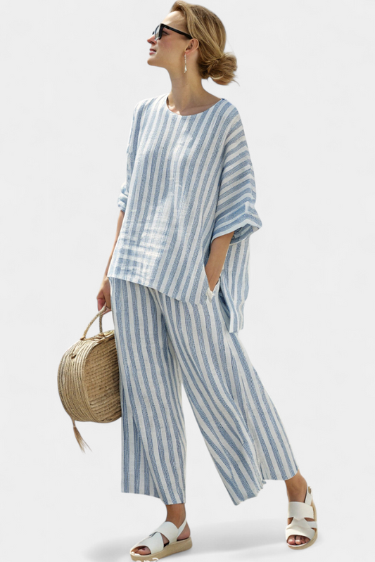 Linen Set | Blue Striped Top & Relaxed Trousers