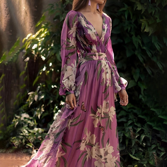 Maxi Dress | Floral V-Neck Linen Dress