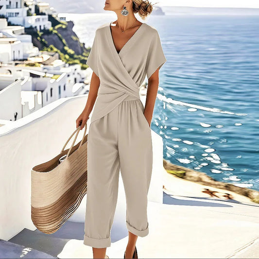 Women's linen wrap top and cropped trouser set