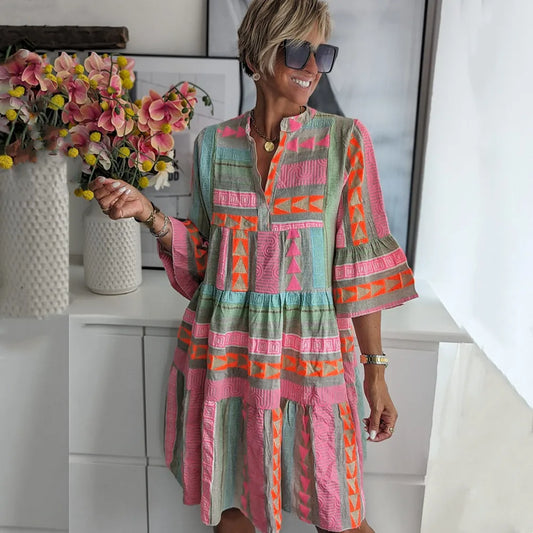Women's elegant A-line ruffle linen spring dress