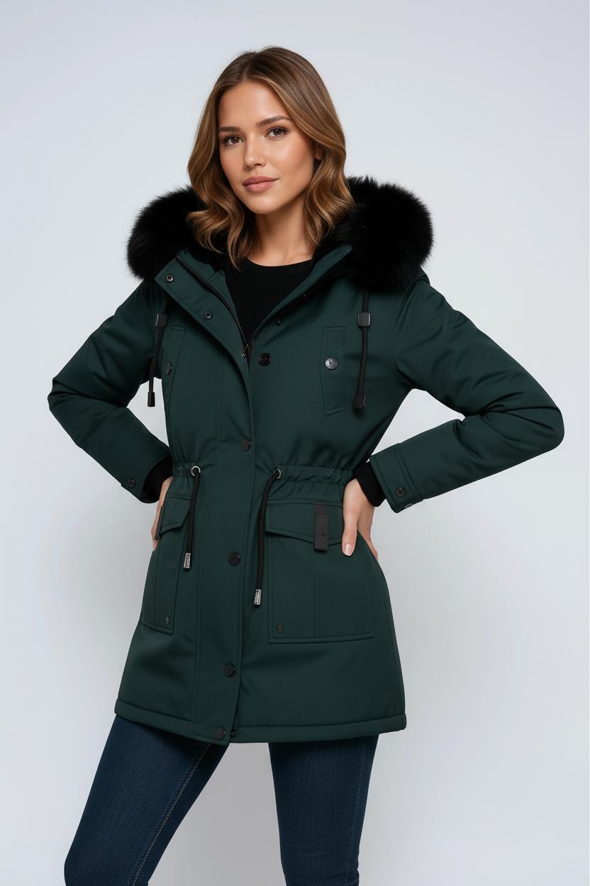 Linen Parka Coat | Winter Jacket with Faux Fur Hood