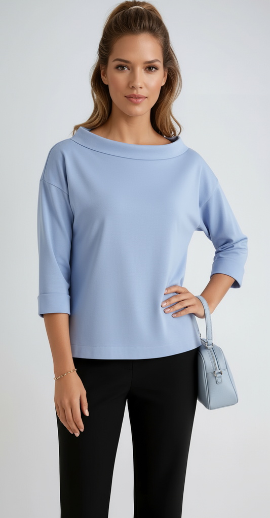 Cotton Boat Neck Top | Relaxed 3/4 Sleeve Top