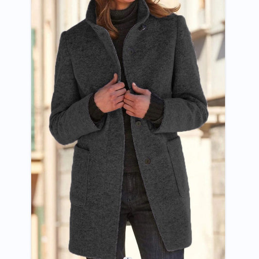 Women's high-collar wool-blend button coat