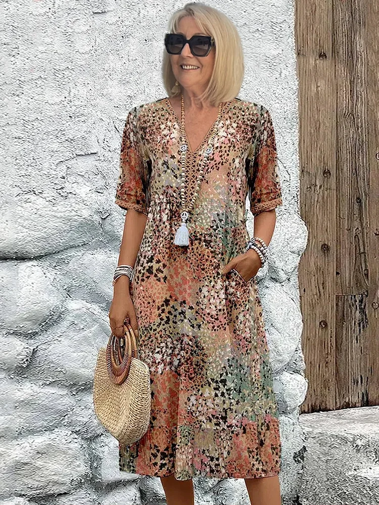 Midi Dress | Colourful Linen Dress with Pockets