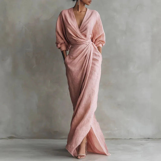 Women's wrap maxi dress with side slit in pink