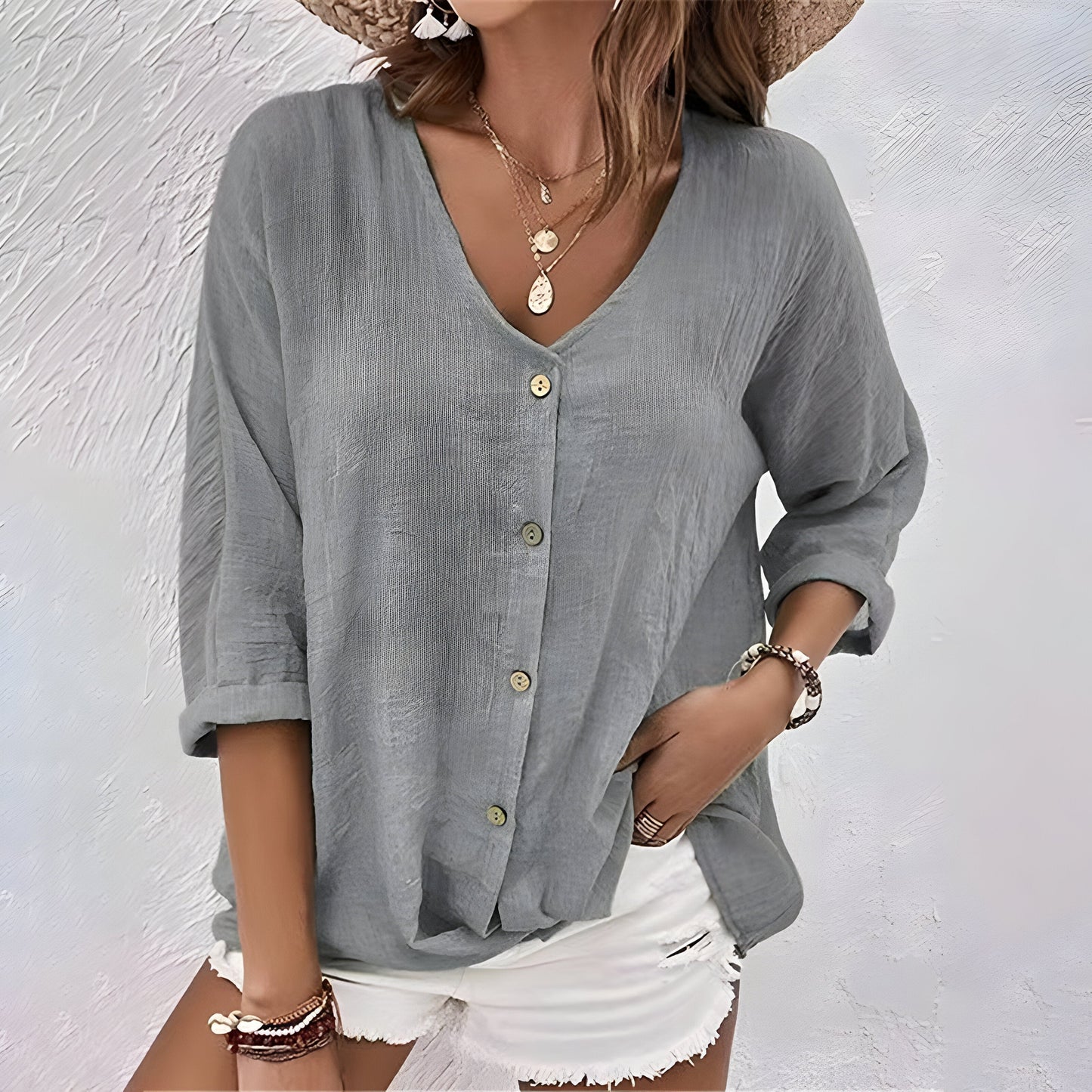 Button-Up Blouse | Relaxed V-Neck Roll Sleeve Top