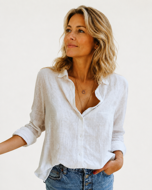 Linen Button-Down Blouse | Long Sleeve Collared Top