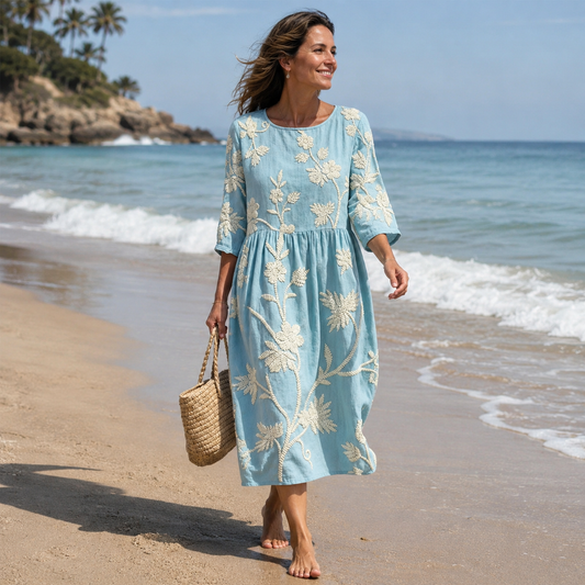 Linen Floral Dress | Round Neck Summer Midi Dress