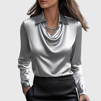 Satin Blouse | Pleated Neckline Elegant Top