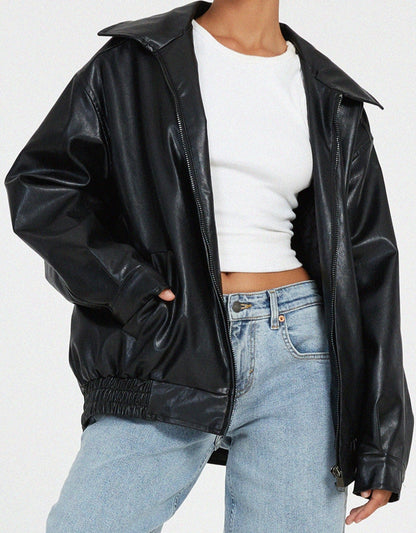Faux Leather Jacket | Oversized PU Biker Jacket