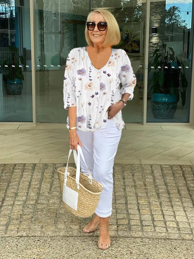 Floral Blouse | V-Neck Three-Quarter Sleeve Linen Top