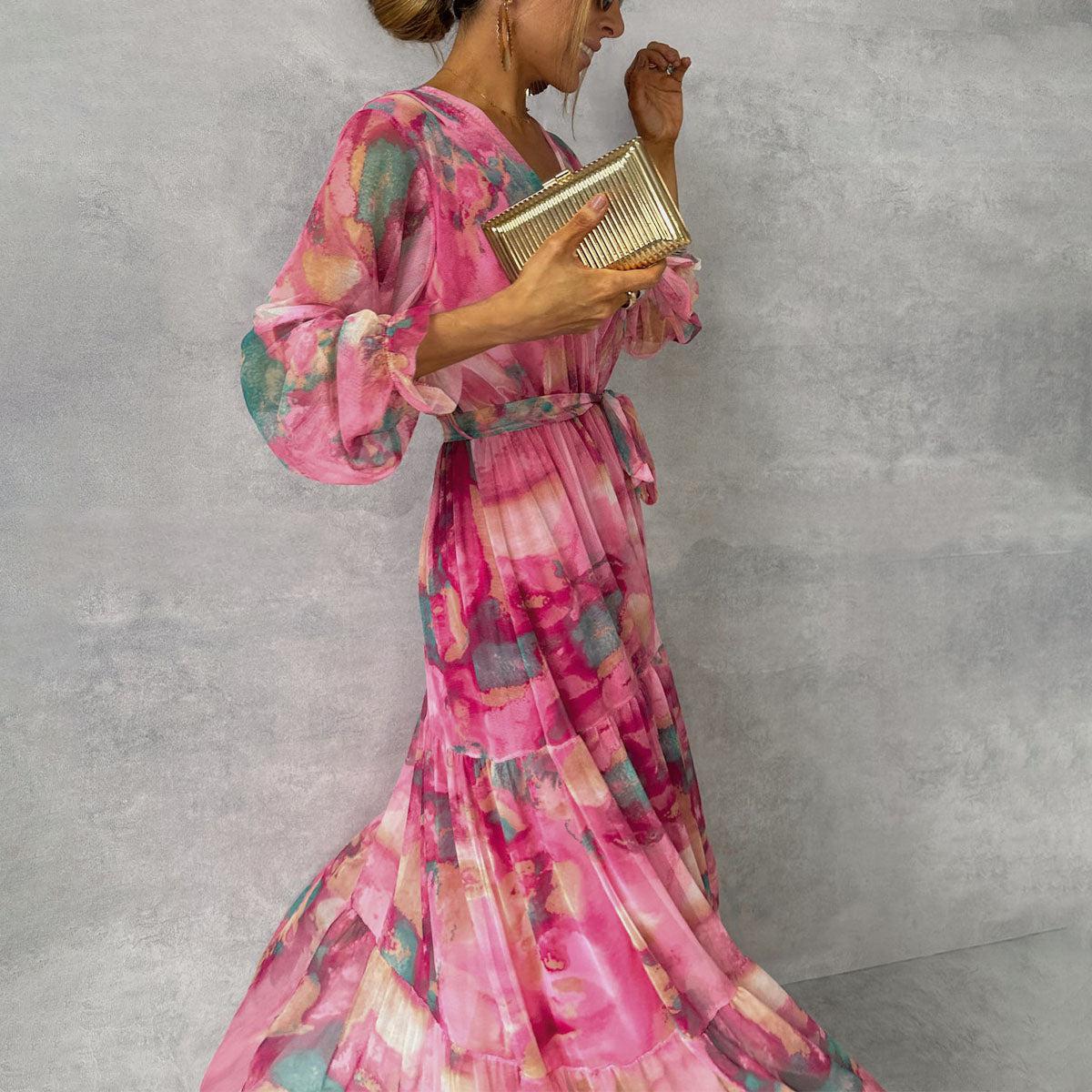 Pleated floral belted maxi dress