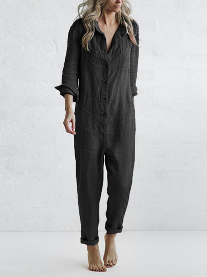 Cotton Jumpsuit | Long Sleeve Button-Front One-Piece