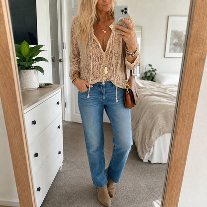 Linen Boho Blouse | Lace V-Neck Relaxed Top