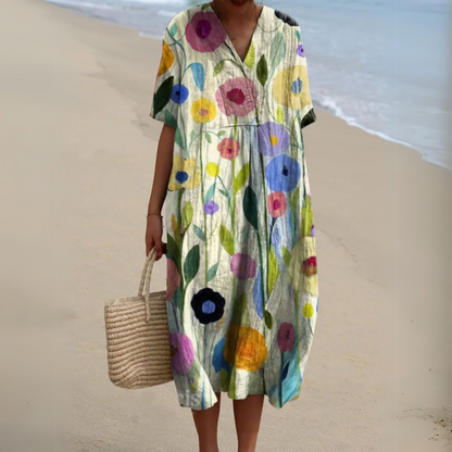 Summer Dress | Floral V-Neck Linen-Blend Dress