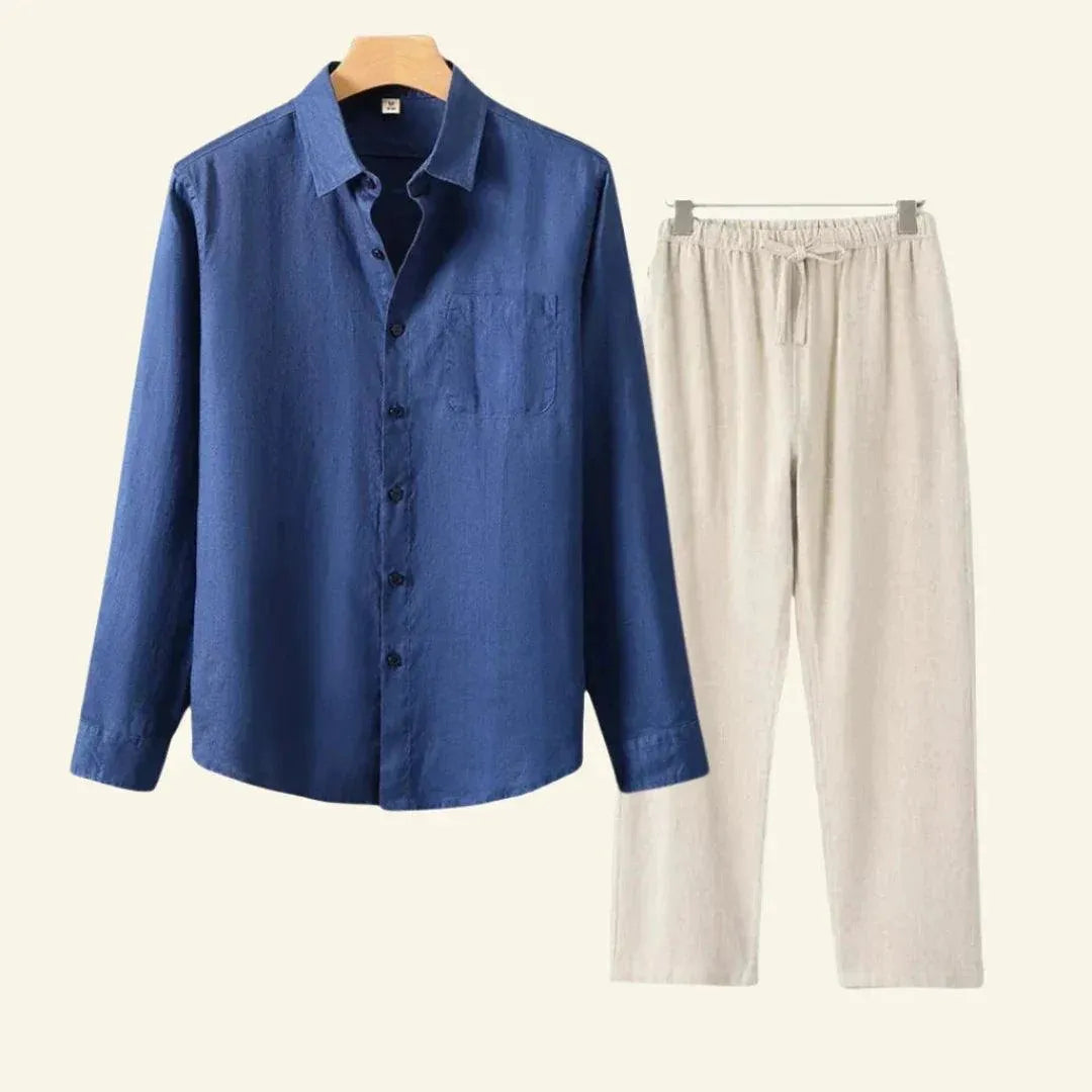 Men's linen shirt and trousers co-ord set in blue