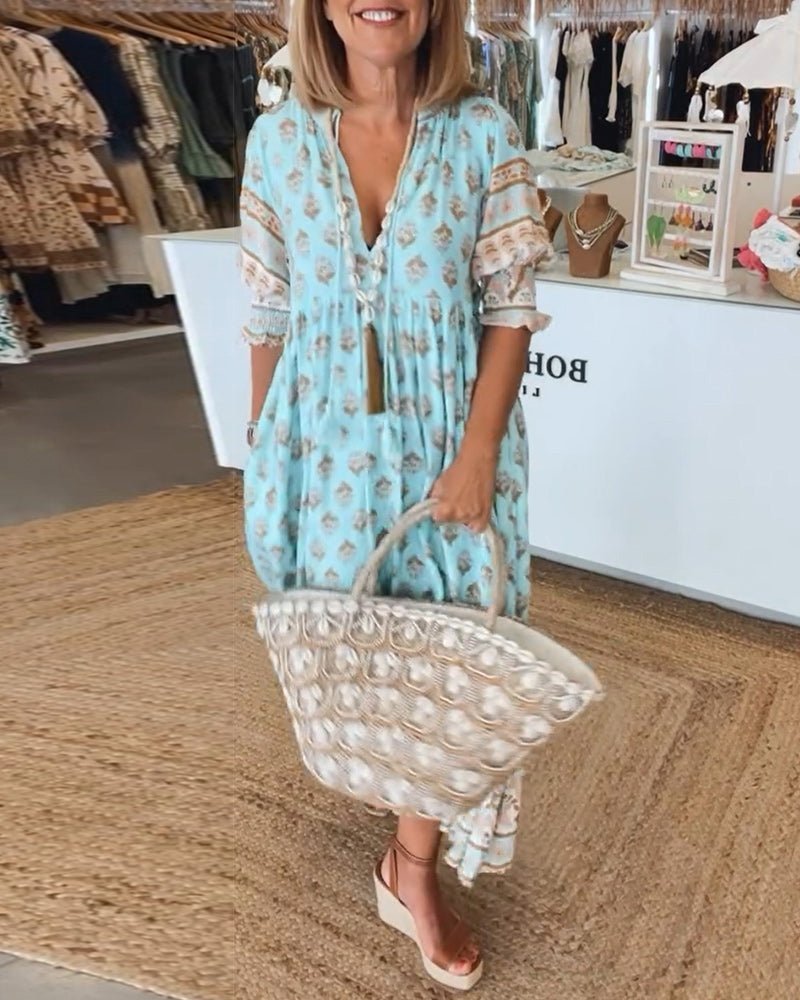 Women's floral V-neck linen midi dress