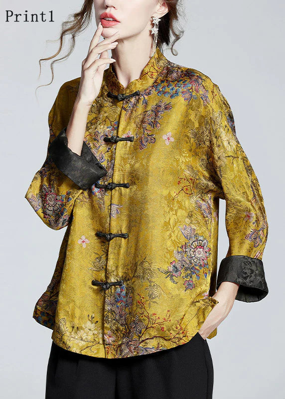 Women's printed silk-blend stand-collar coat in gold