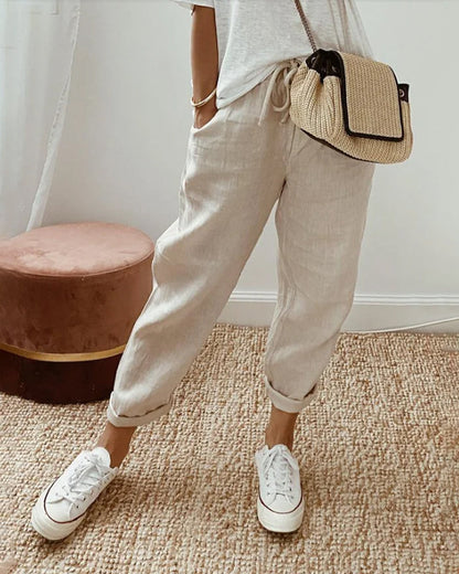Women's linen tapered drawstring trousers
