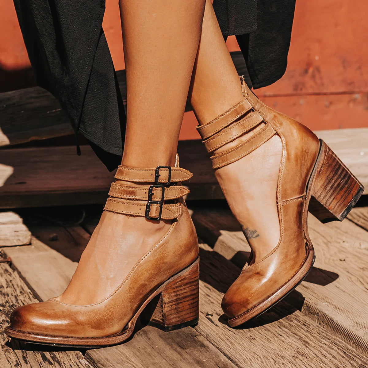 Women's strappy block heel ankle boots