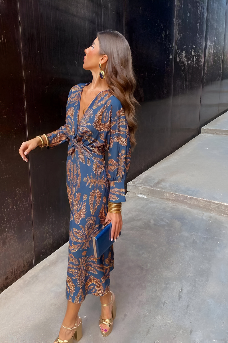 Women's floral twist-front V-neck midi dress