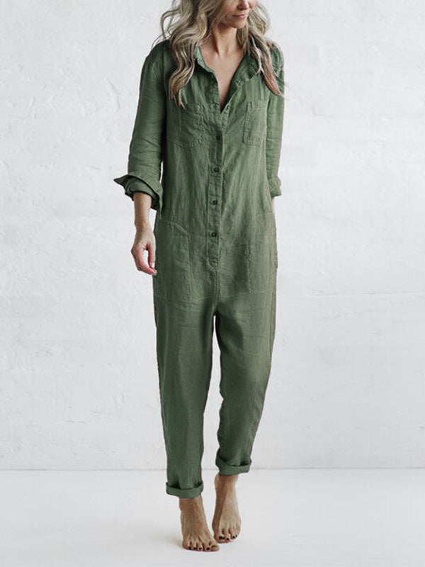 Women's cotton long-sleeve button-front jumpsuit