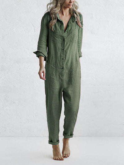 Cotton Jumpsuit | Long Sleeve Button-Front One-Piece