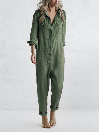 Women's cotton long-sleeve button-front jumpsuit