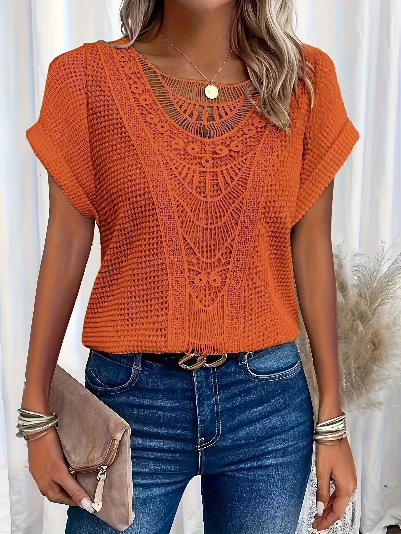 Lace Top | Knit Lace-Panel Blouse