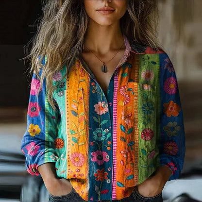 Blouse | Bohemian Vintage Print Collared Top