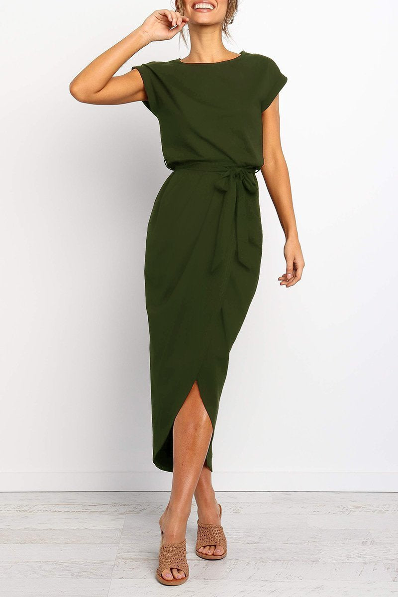 Women's belted casual ankle dress in green