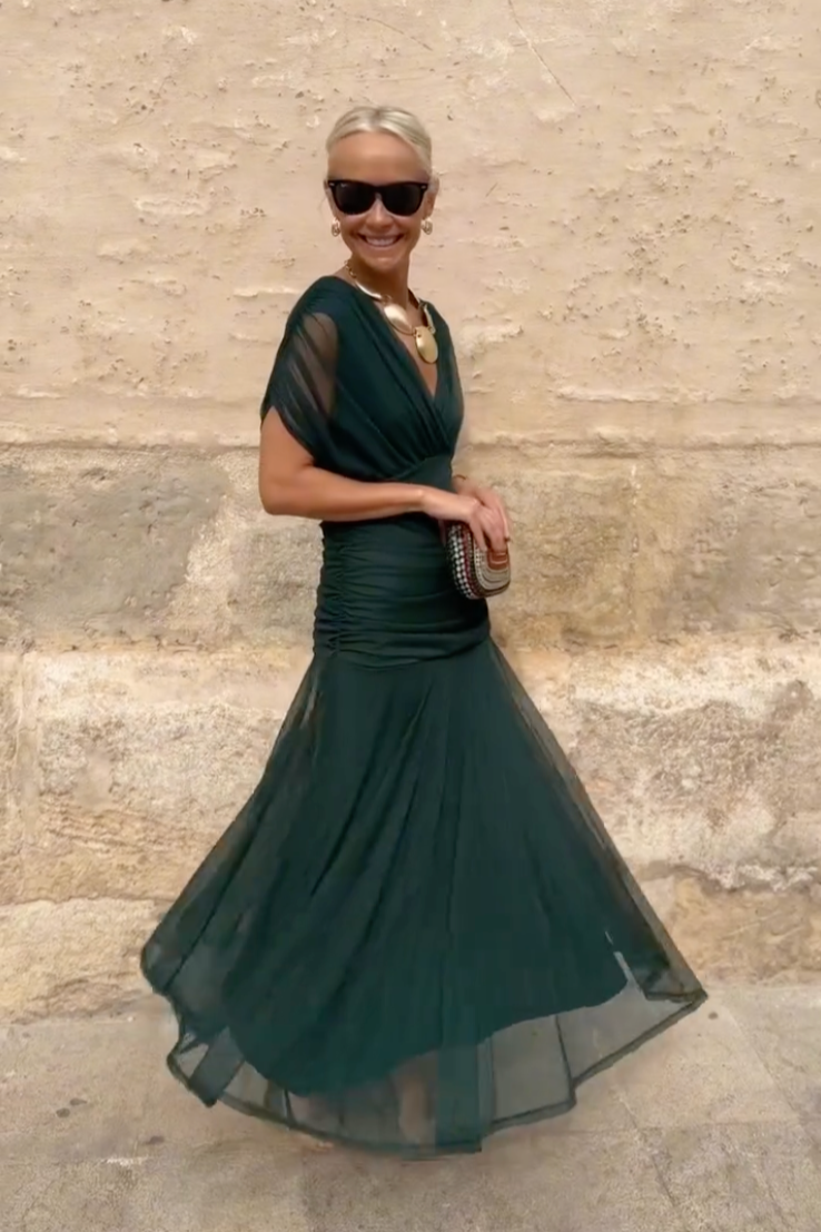 V-Neck Pleated Party Maxi Dress