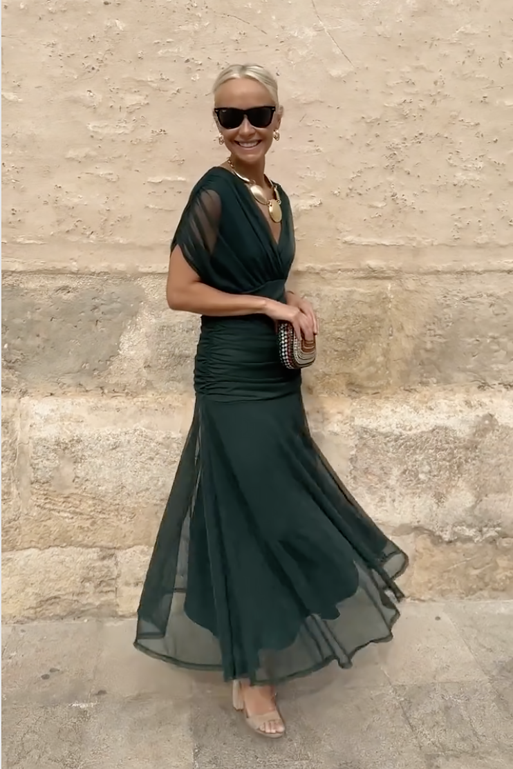 V-Neck Pleated Party Maxi Dress