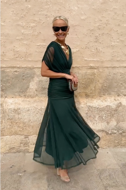 V-Neck Pleated Party Maxi Dress