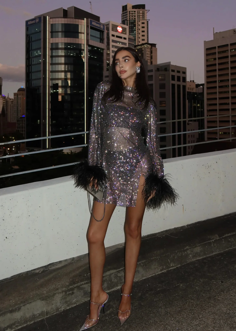 Women's Dress | Metallic Feather-Cuff Mini Dress