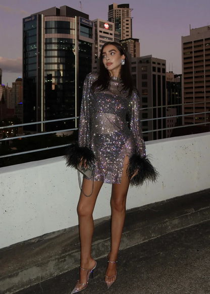 Women's Dress | Metallic Feather-Cuff Mini Dress