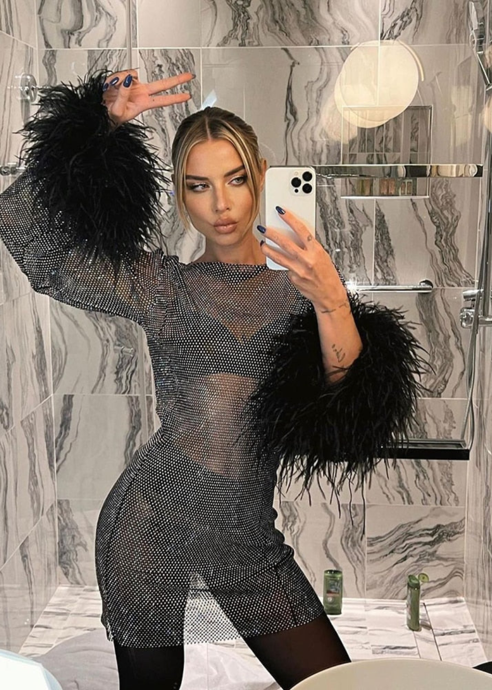 Women's Dress | Metallic Feather-Cuff Mini Dress