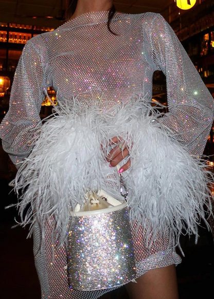 Women's Dress | Metallic Feather-Cuff Mini Dress