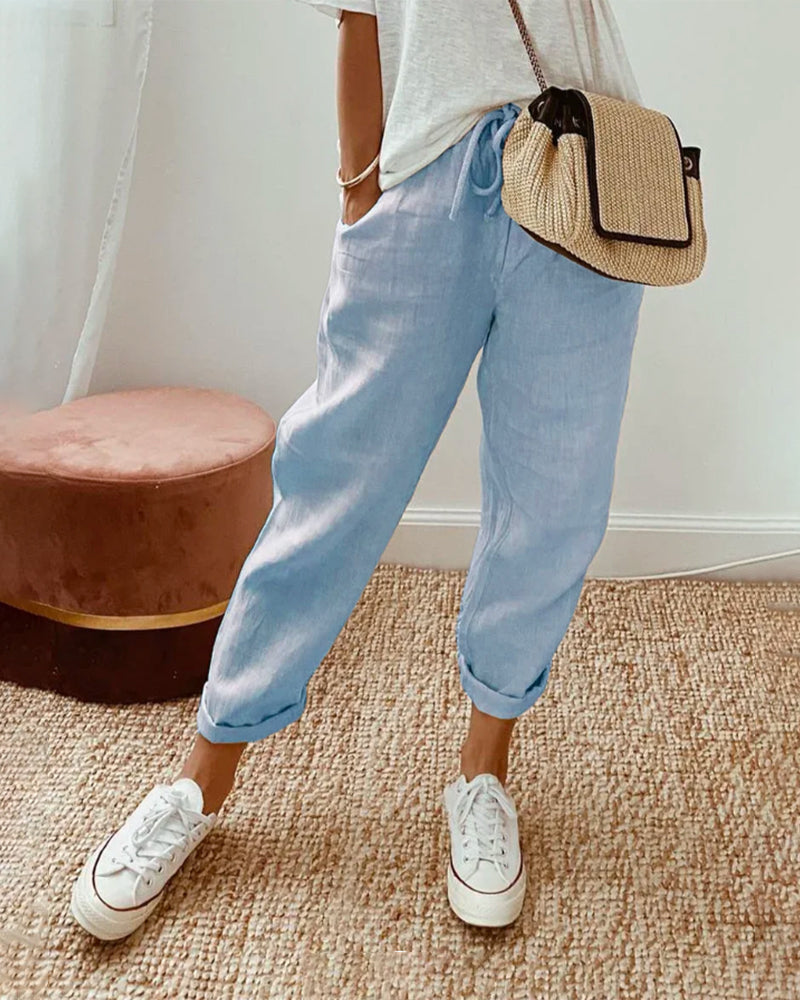 Linen Trousers | Tapered Drawstring Pants