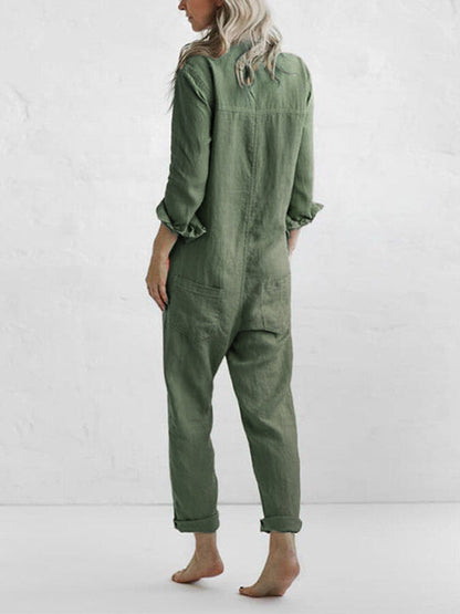 Cotton Jumpsuit | Long Sleeve Button-Front One-Piece