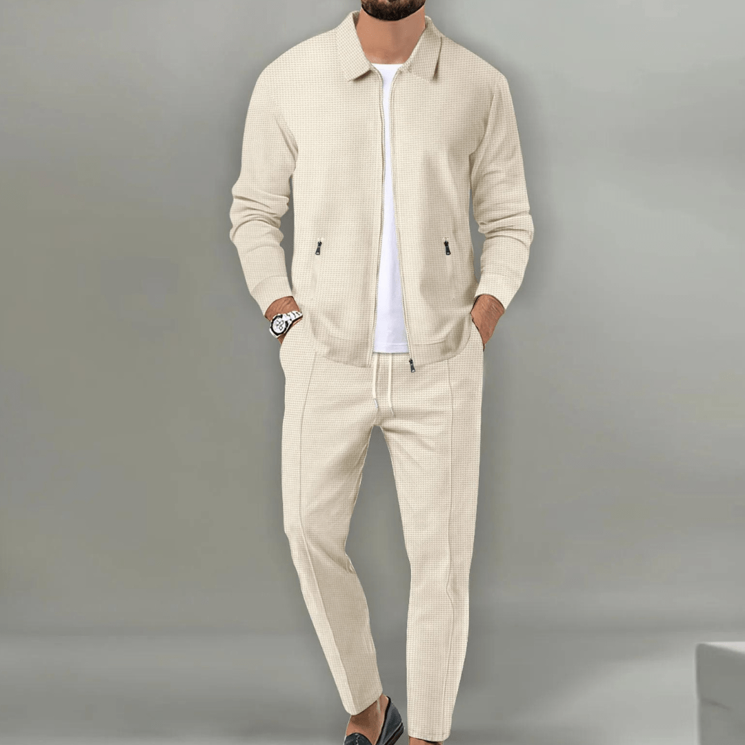 Men's long-sleeve cotton top and trousers set in beige