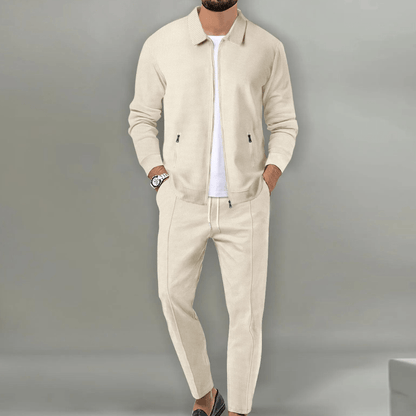 Men's long-sleeve cotton top and trousers set in beige