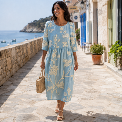 Linen Floral Dress | Round Neck Summer Midi Dress