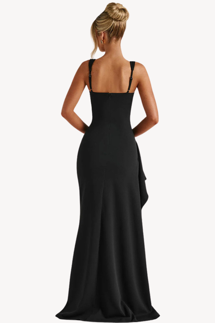 Women's black satin evening dress with square neck and side slit